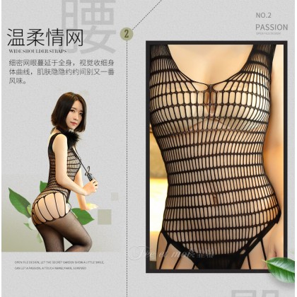 (黑色)网眼天鹅绒开档连身袜/N7558